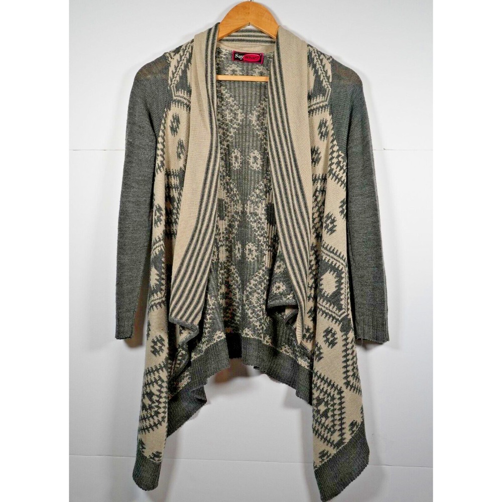 Say What? Cardigan Sweater Womens Medium Grey Beige Geometric Aztec Open Front‎